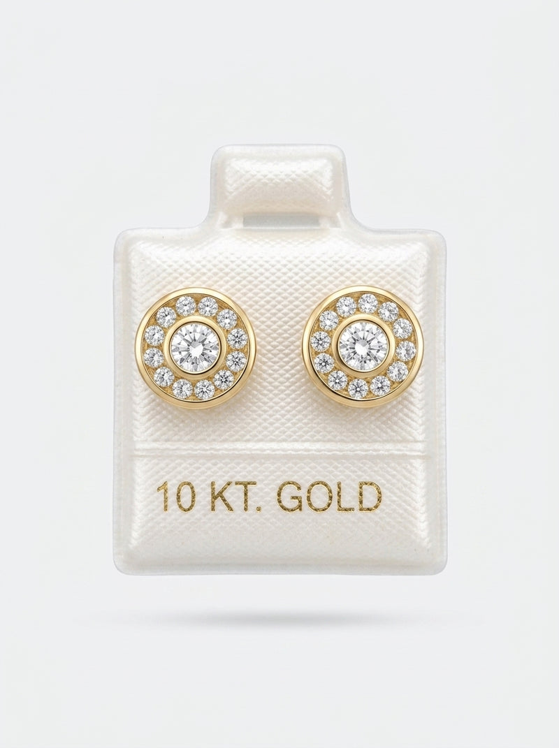 Broquel de oro 10k delgado diseño bisel con círculo de circonia tipo diseñador (de bolitas) Mod 5668
