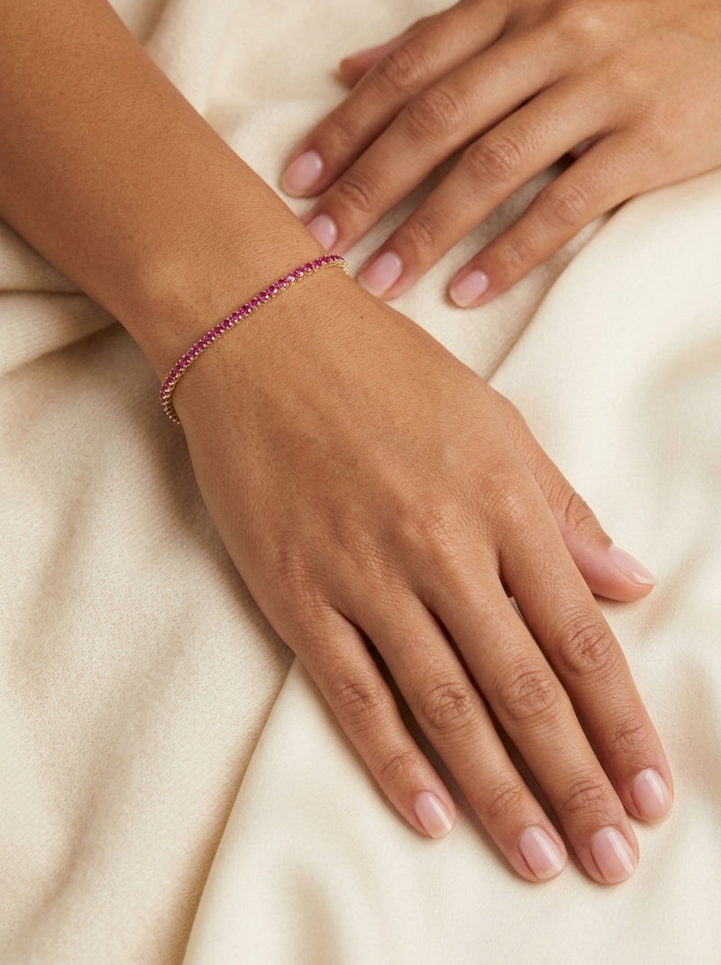 Pulsera de oro 14k diseño tipo tennis delgada futsia 5933 - 18 cm