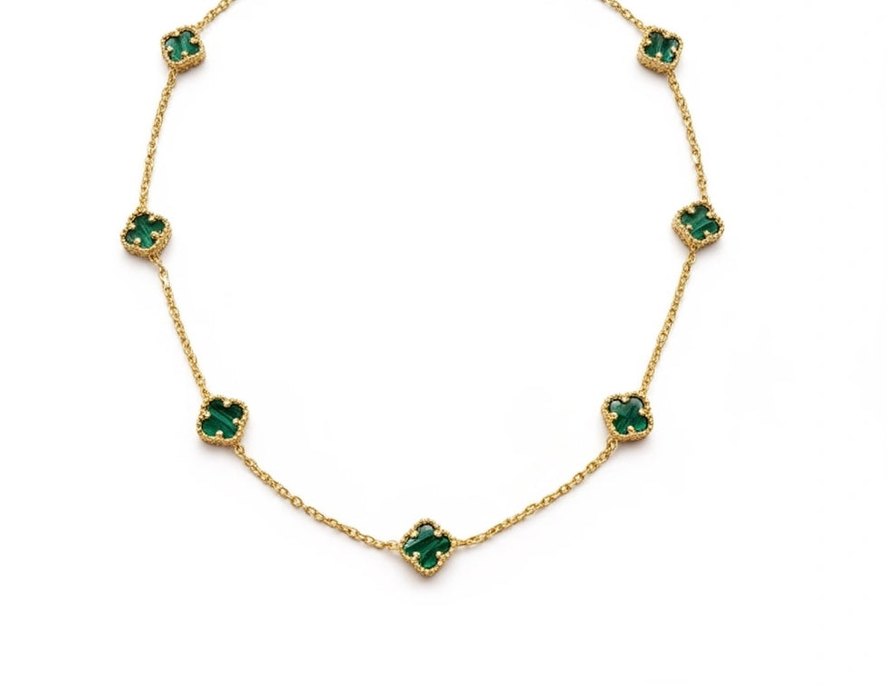 Gargantilla de trébol de oro 14k con piedra malaquita 45 cm x 7 mm