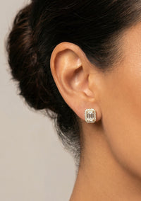 Aretes de oro 14K con circonia central y halo rectangular Mod. C692