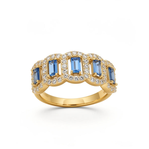 Anillo de oro 10k con piedras baguette azules y halo de brillantes