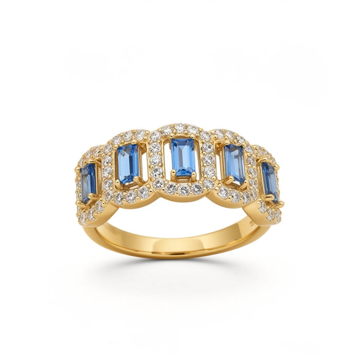 Anillo de oro 10k con piedras baguette azules y halo de brillantes