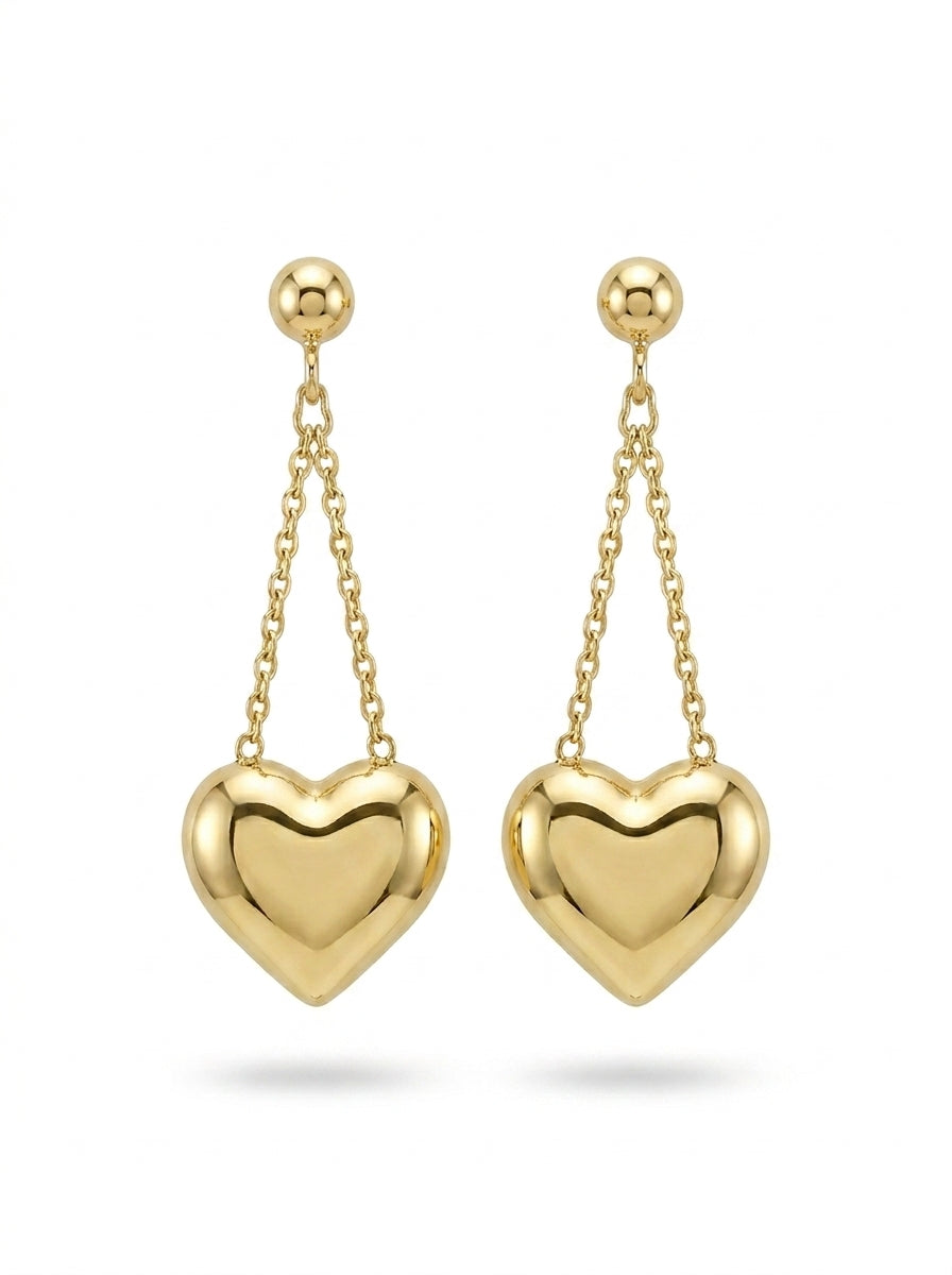 Aretes largos de oro 14k diseño de corazón inflado colgantes Mod LM5245 - 3.5 cm