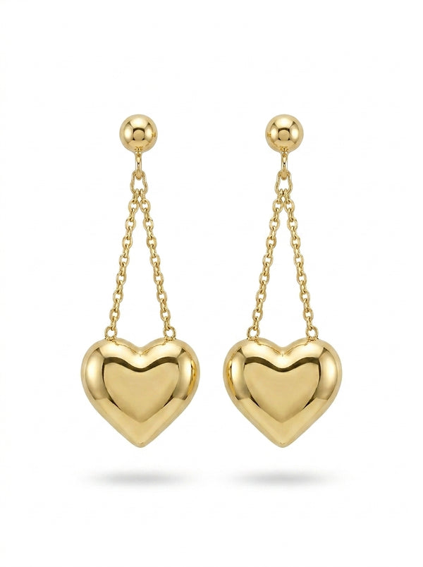Aretes largos de oro 14k diseño de corazón inflado colgantes Mod LM5245 - 3.5 cm