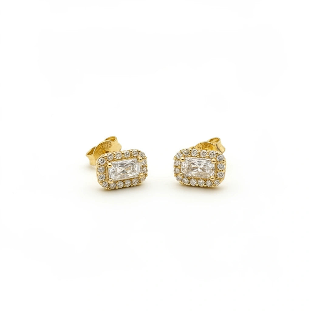 Aretes de oro 14K con circonia central y halo rectangular Mod. C692