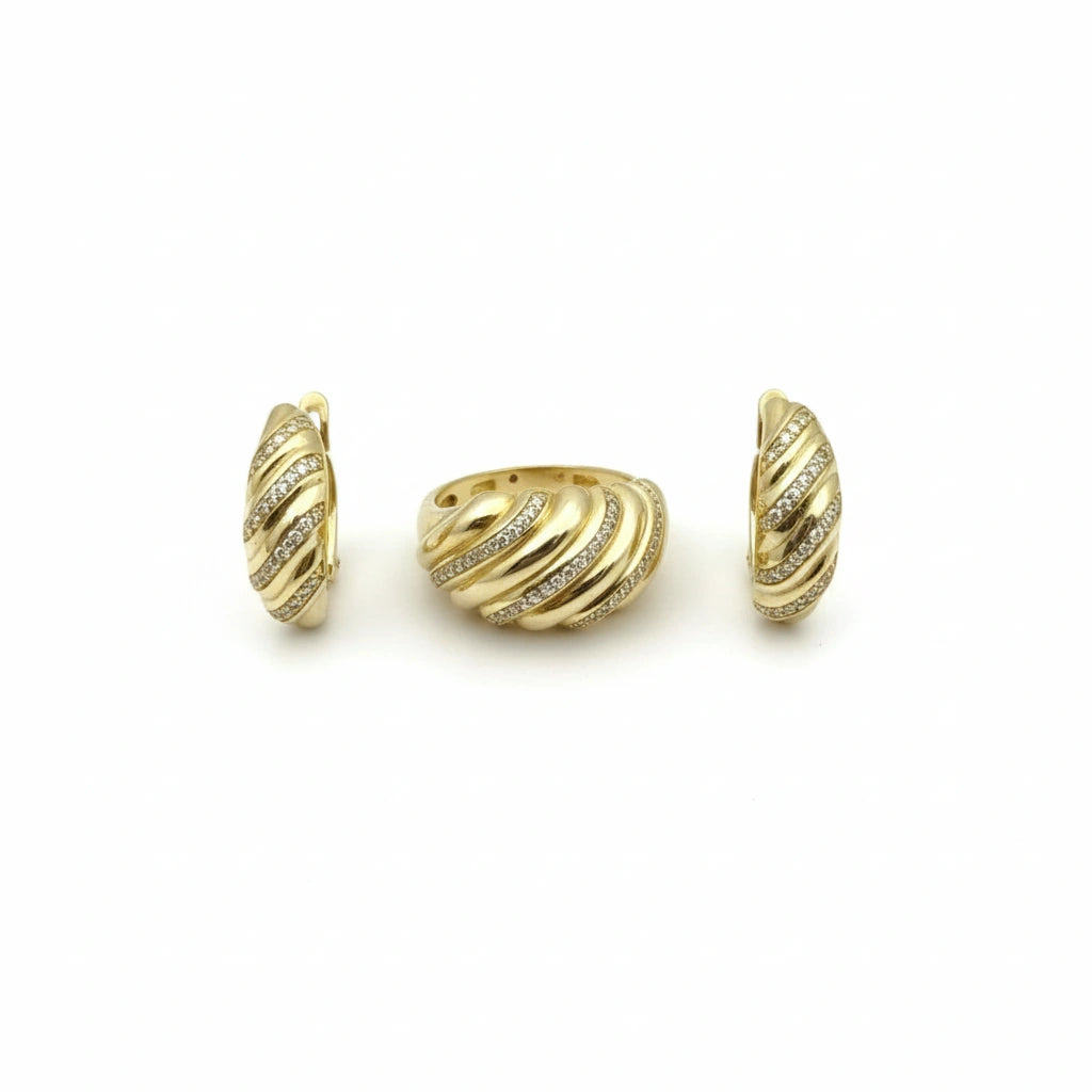 Set de aretes y anillo diseño entrelazado de oro 14k con incrustaciones de circonias
