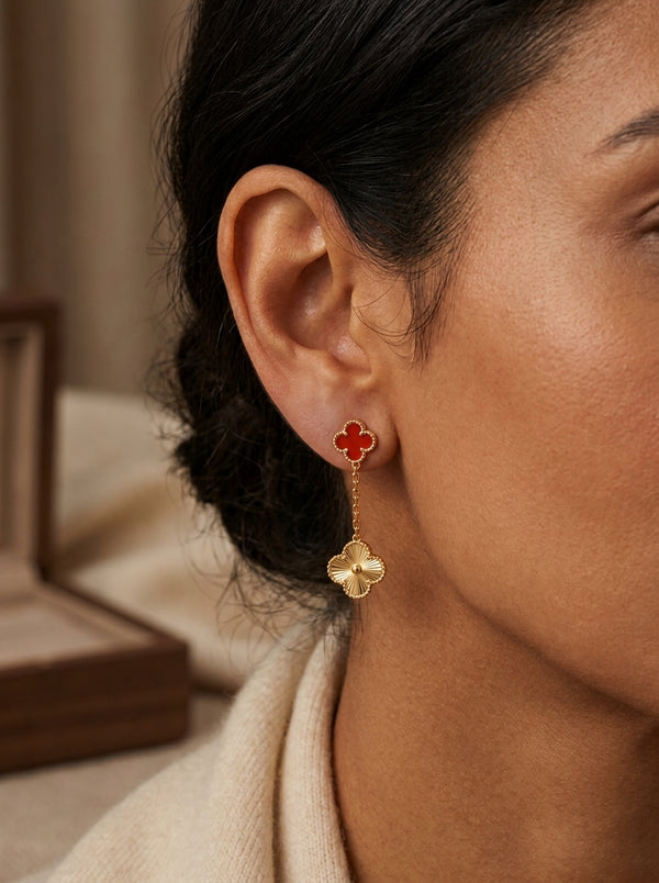 Aretes largos de oro 14k de tréboles rojo y dorado Mod 5941 - 3.5 cm