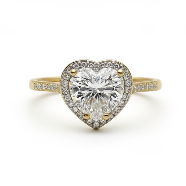 Anillo de oro 14k con circonia blanco en forma de corazón e incrustación blancas