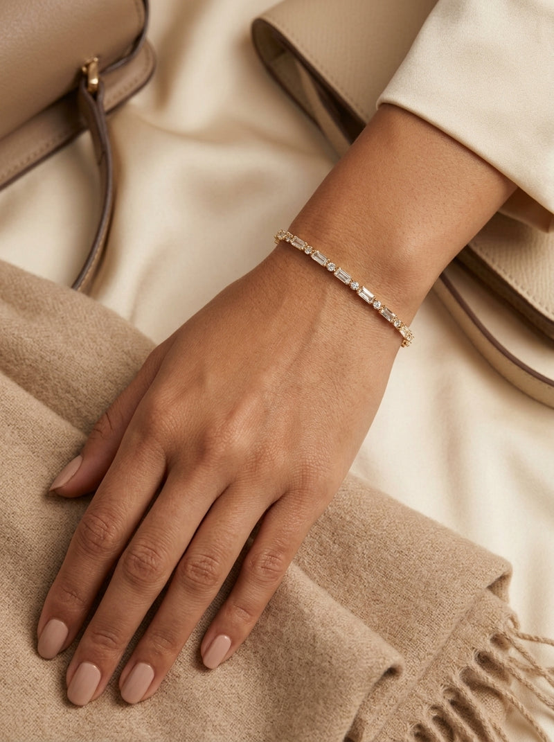 Pulsera de oro 14k diseño tipo tennis baguette blanca 5935 - 18 cm
