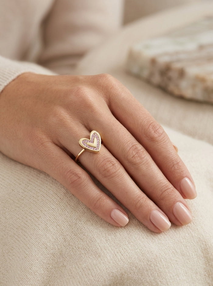 Anillo de oro 14k diseño de corazón con circonias rosas Mod LM5276