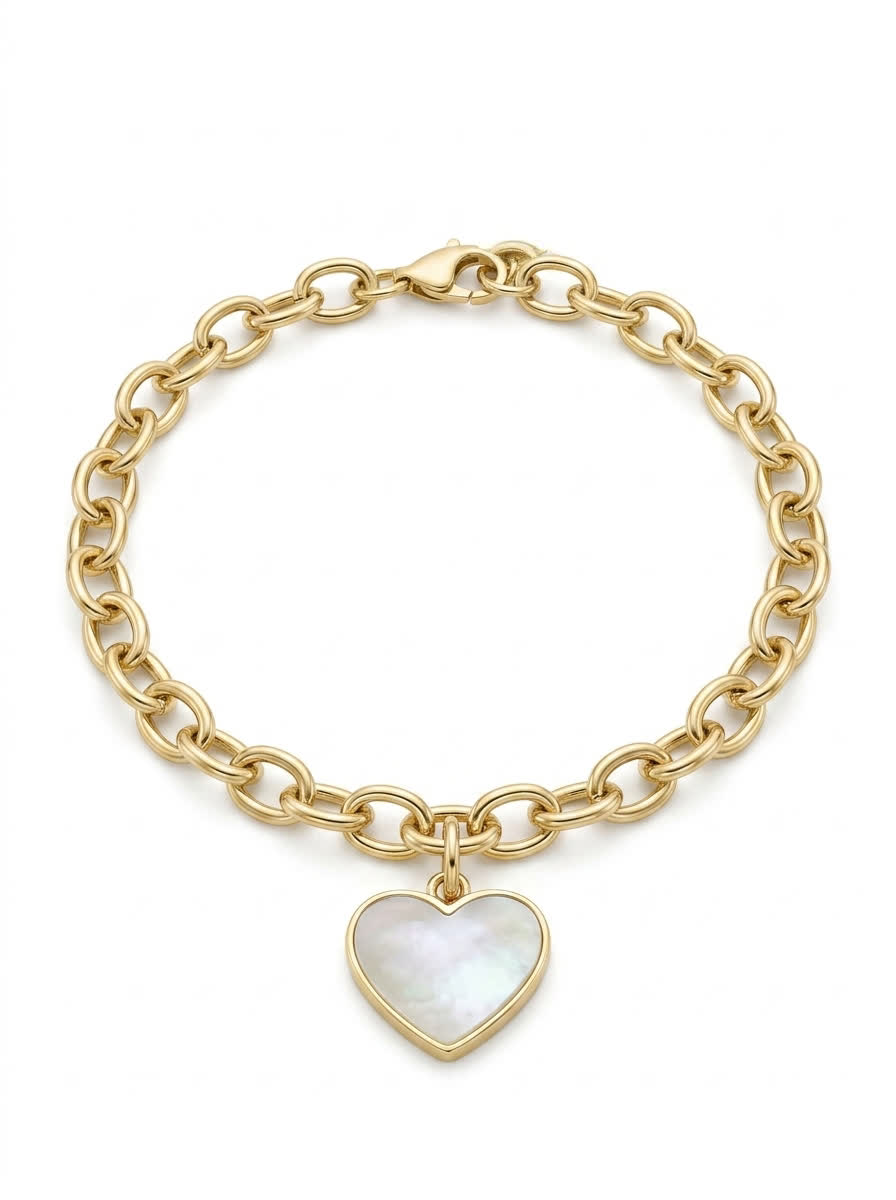 Pulsera de oro 14k diseño de corazón de piedra madre perla Mod LM5280 - 18 cm