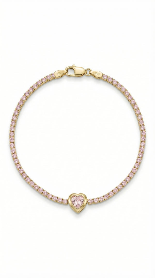 Pulsera de oro 14k tipo tenis con corazón rosa Mod. LM5016- 18 cm x 1 mm