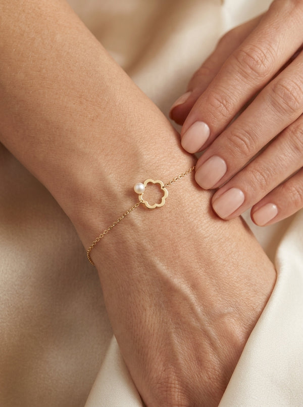 Pulsera de oro 14k diseño de flor con perla 5597 - 18 cm