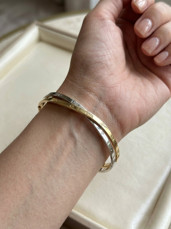 Brazalete de oro 10k tipo diseñador doble hueco Mod 5705 - 18 cm