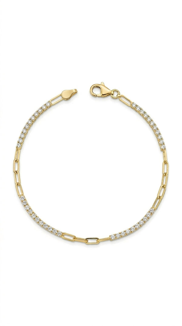 Pulsera de oro 14k tipo clip en combinación con tenis de color blanca Mod. 5018 - 18 cm x 1 mm