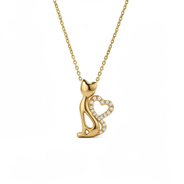Gargantilla de gato con corazón de oro 14k con circonias 45 cm