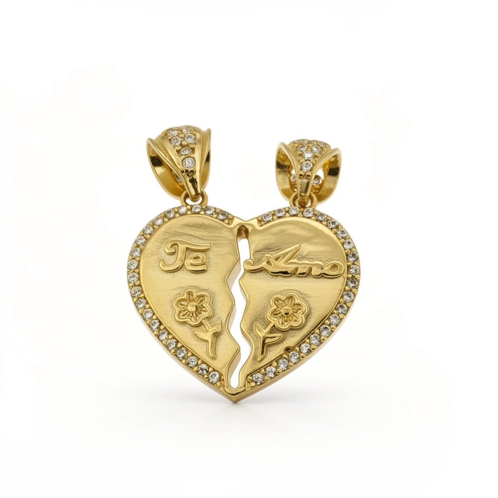 Dije corazón partido de circonias en oro 14k
