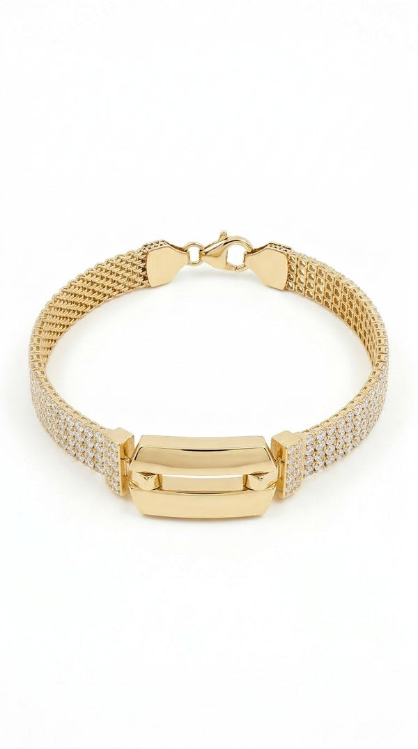 Pulsera Tejida con Broche Rectangular y Circonias en Oro 14K Mod. LM 5057 - 18 cm