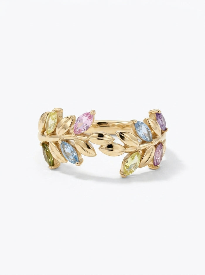 Anillo de oro 14k diseño de guirnalda con circonias de colores mod 5589