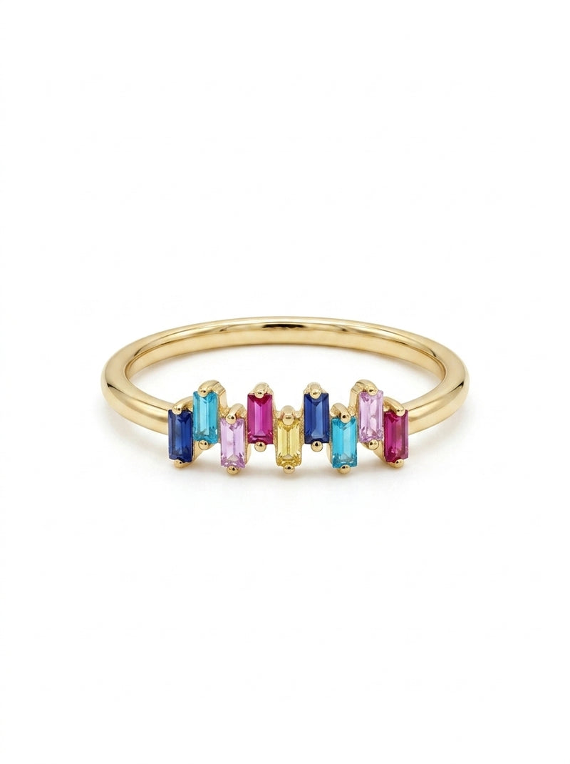 Anillo de oro 14k diseño destellos de colores con circonias baguette Mod 5781