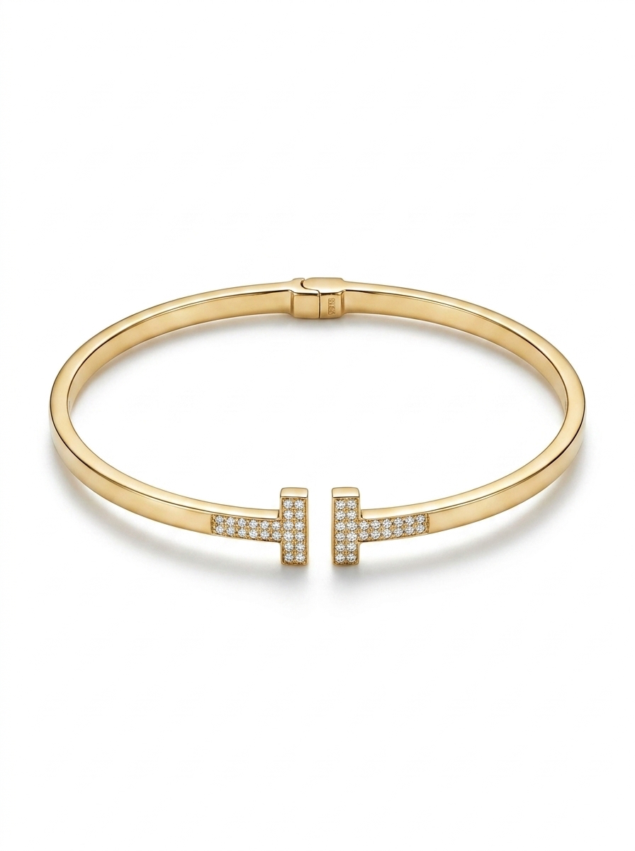 Brazalete de oro 10k tipo diseñador hueco con circonias Mod 5501 - 18 cm