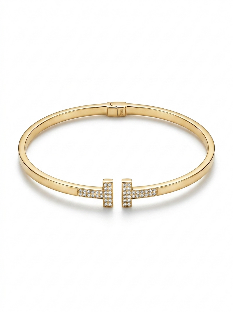 Brazalete de oro 10k tipo diseñador hueco con circonias Mod 5501 - 18 cm