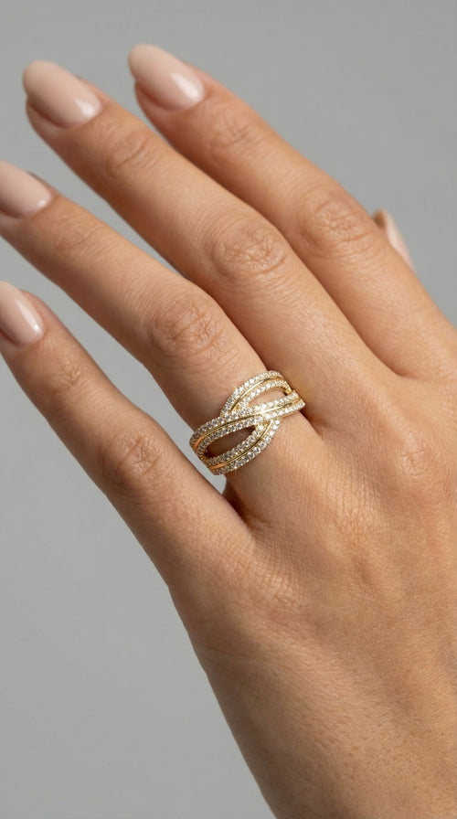 Anillo doble cruzado de oro 14k con circonias