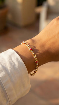 Pulsera de oro 14k de ojos turcos color rojo Mod. 705402 - 18 cm