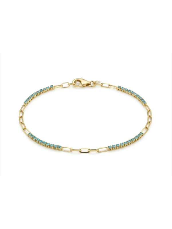Pulsera de oro 14k diseño clip en combinación con tenis de color turquesa Mod. 5020 - 18 cm x 1 mm