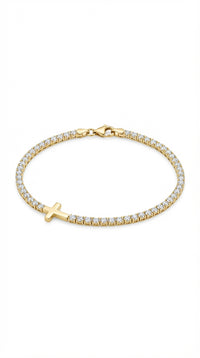 Pulsera de oro 10k tipo tenis con cruz lisa - 18 cm