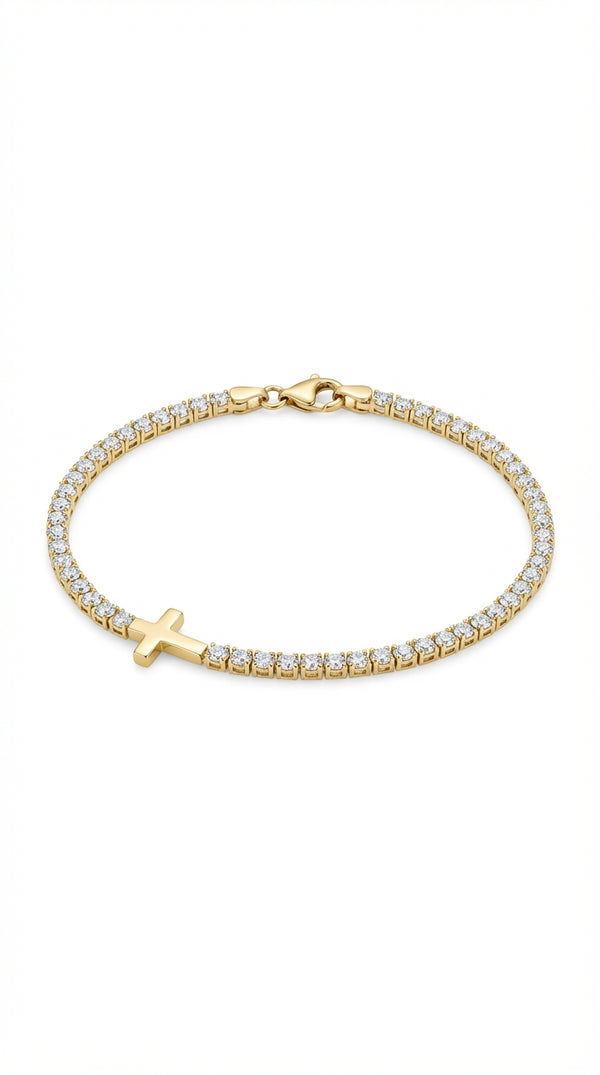 Pulsera de oro 10k tipo tenis con cruz lisa - 18 cm