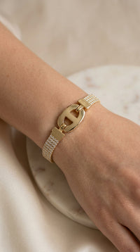 Pulsera Tejida con Broche Ovalado y Circonias en Oro 14K Mod. 5056 - 18 cm