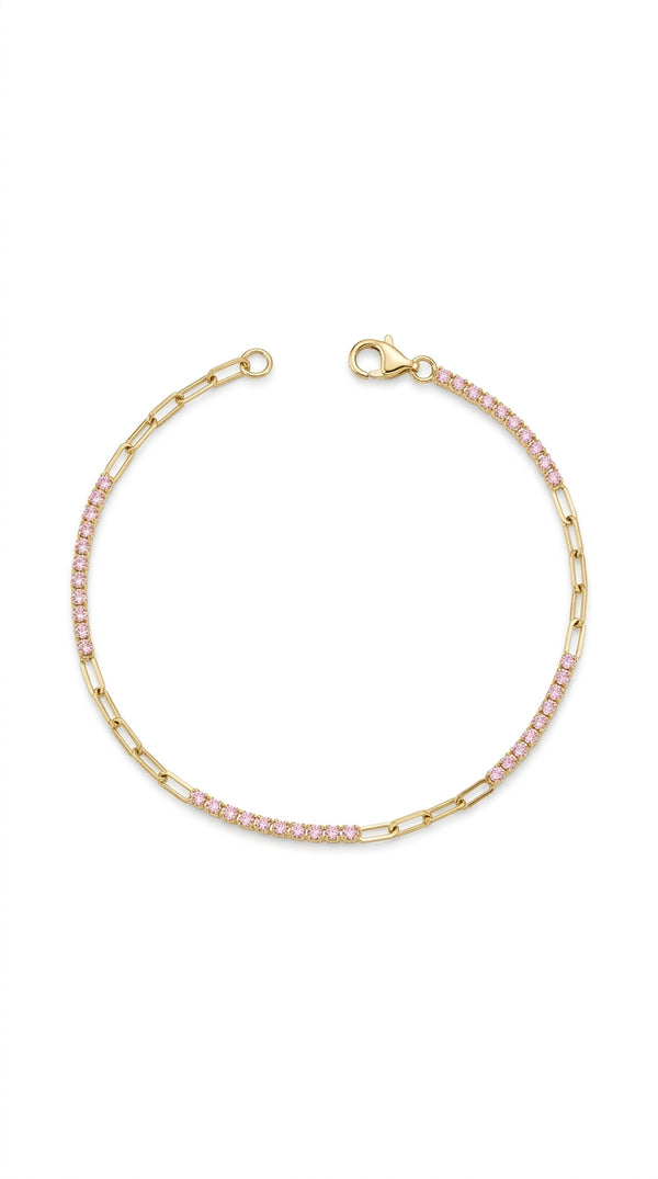 Pulsera de oro 14k diseño clip en combinación con tenis de color rosa Mod. 5021 - 18 cm x 1 mm