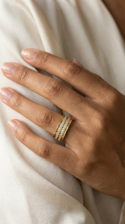 Anillo doble churumbela de oro 14k con incrustaciones de circonias