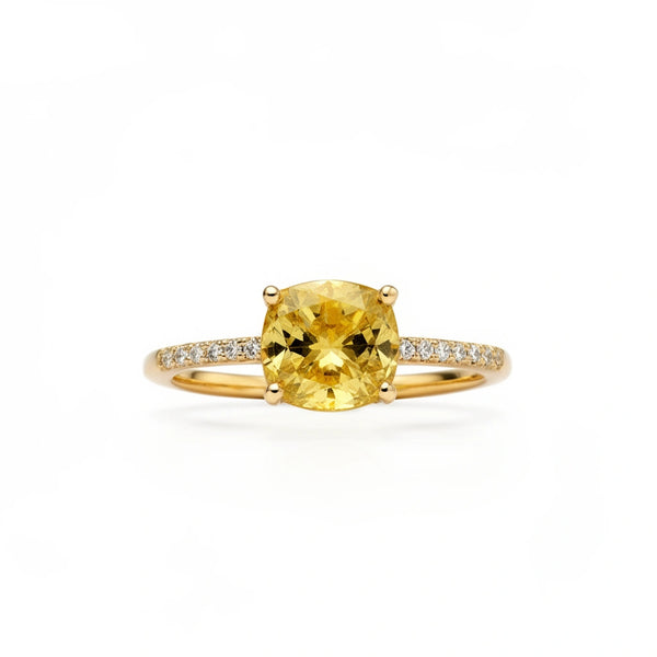 Anillo de oro de 14k presenta una circonia cuadrada amarilla e incrustaciones blancas