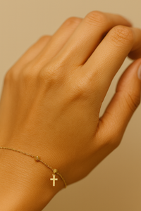 Pulsera con Cruz y Bolitas en Oro 10k medida de dama