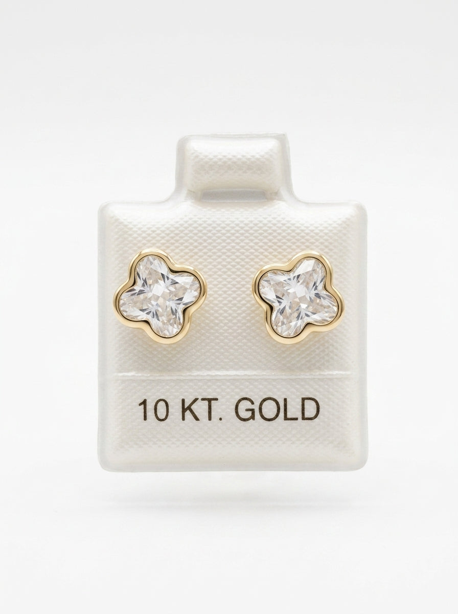 Broquel de oro 10k delgado diseño trébol de circonia (de bolitas) Mod 5667