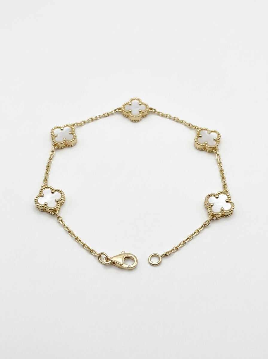 Pulsera de oro 14k diseño trébol chico con madre perla Mod LM5373 - 18 cm