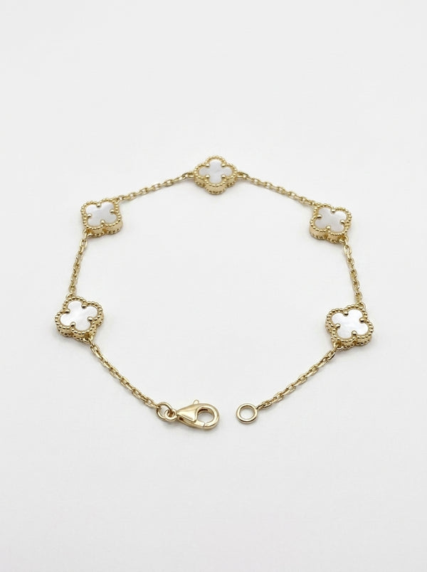 Pulsera de oro 14k diseño trébol chico con madre perla Mod LM5373 - 18 cm
