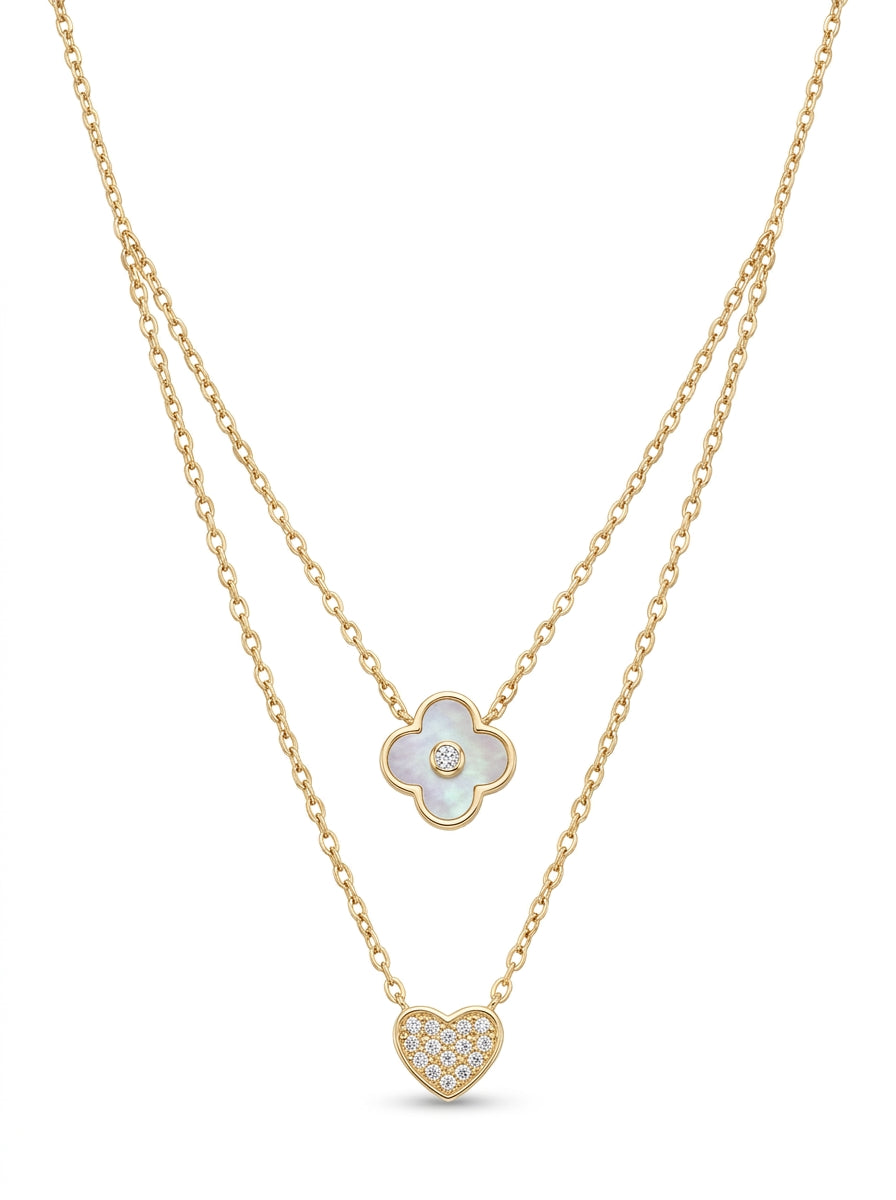 Gargantilla de oro 14k diseño doble de trébol con corazón mod 5591 - 45 cm