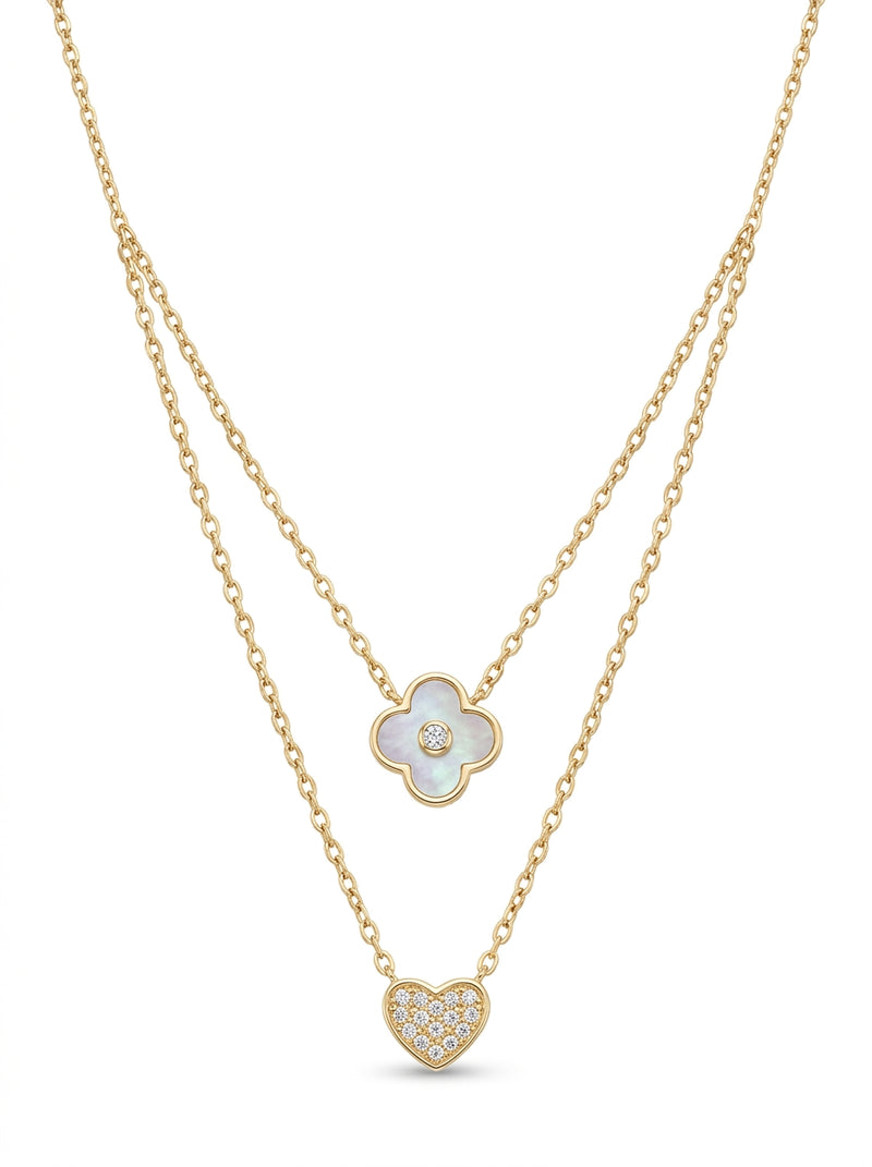 Gargantilla de oro 14k diseño doble de trébol con corazón mod 5591 - 45 cm