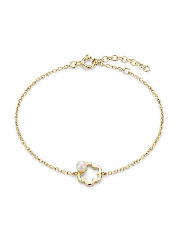 Pulsera de oro 14k diseño de flor con perla 5597 - 18 cm