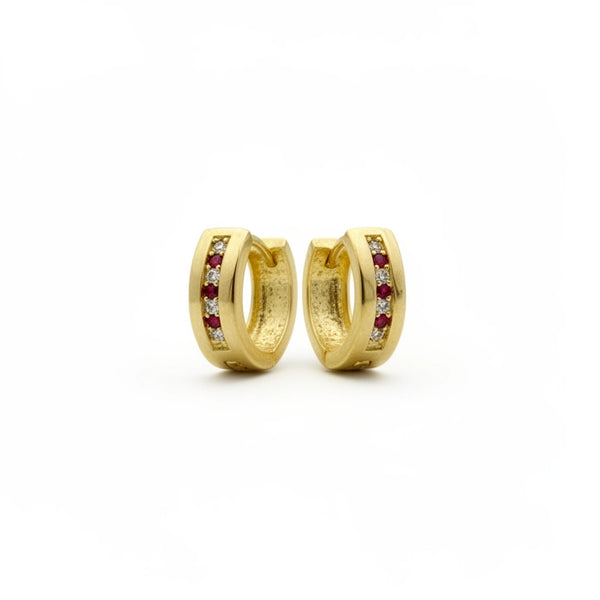 Huggies de oro 14k con incrustaciones de circonias rojas y blanca