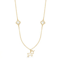 Gargantilla de oro 14k diseño trébol madre perla con unicornio Mod 5649 - 45 cm