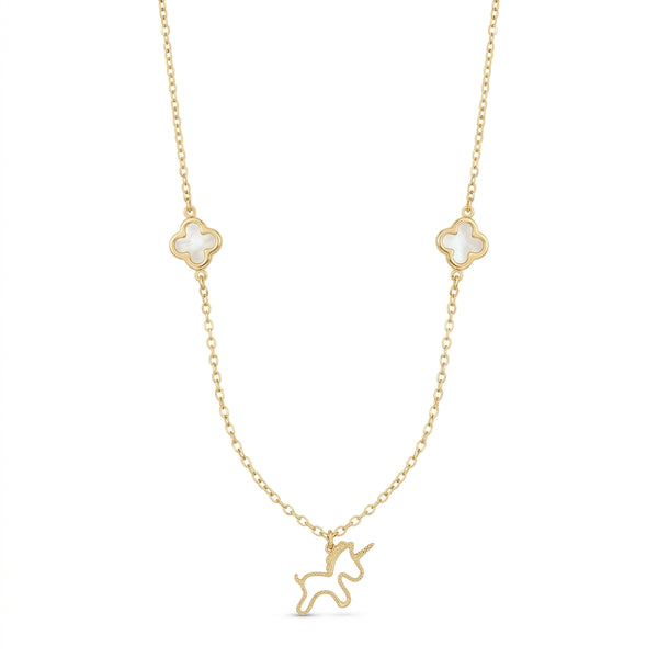 Gargantilla de oro 14k diseño trébol madre perla con unicornio Mod 5649 - 45 cm