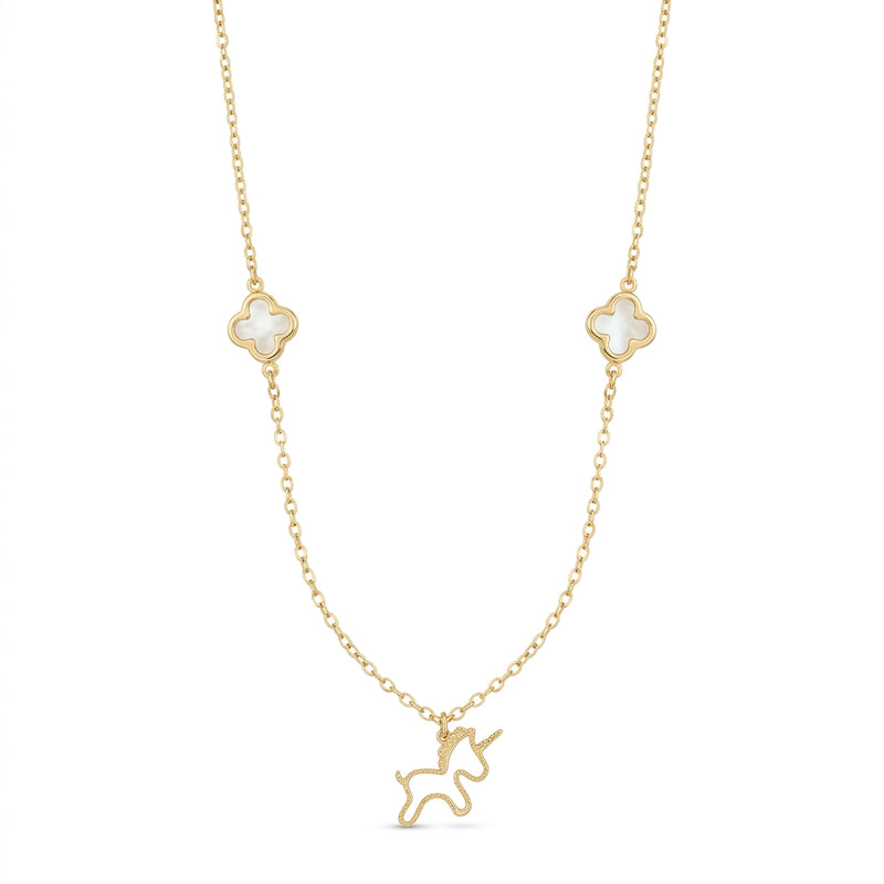 Gargantilla de oro 14k diseño trébol madre perla con unicornio Mod 5649 - 45 cm