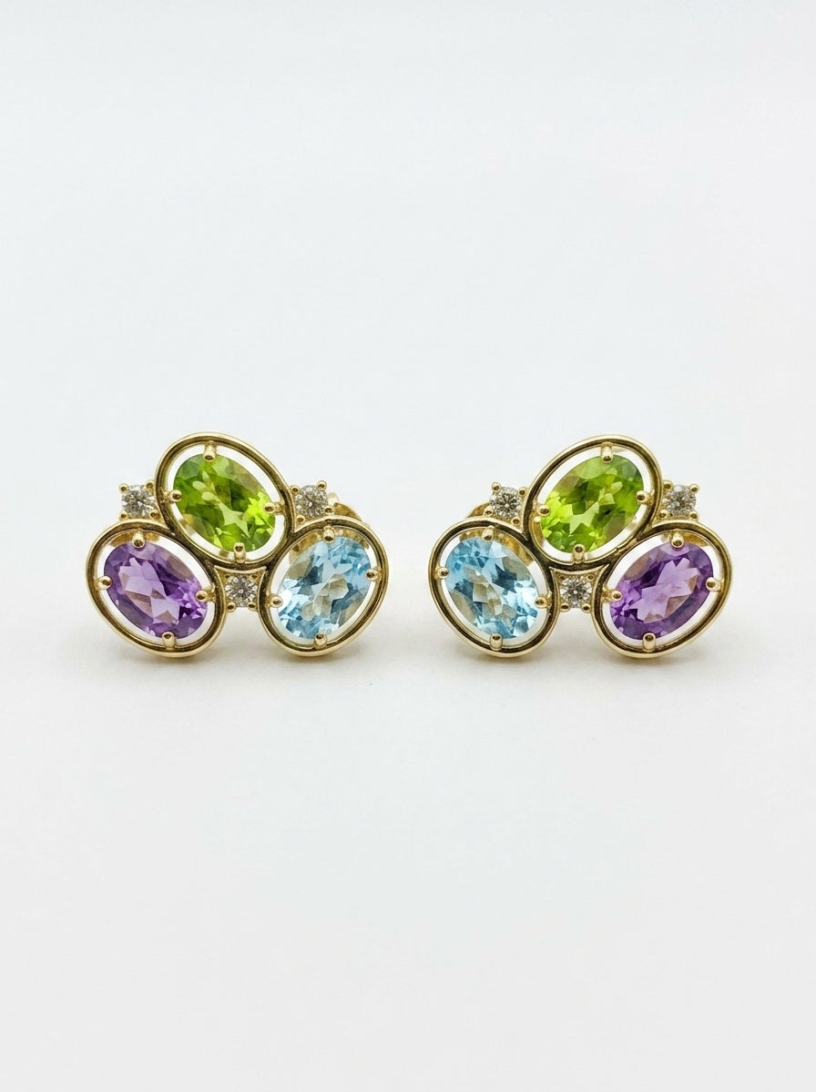 Aretes de oro 14k diseño cluster  multicolor Mod LM5402 - 2 cm