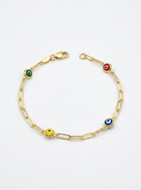 Pulsera de oro 14k diseño de clip con ojitos turcos de  colores Mod LM544 - 18 cm