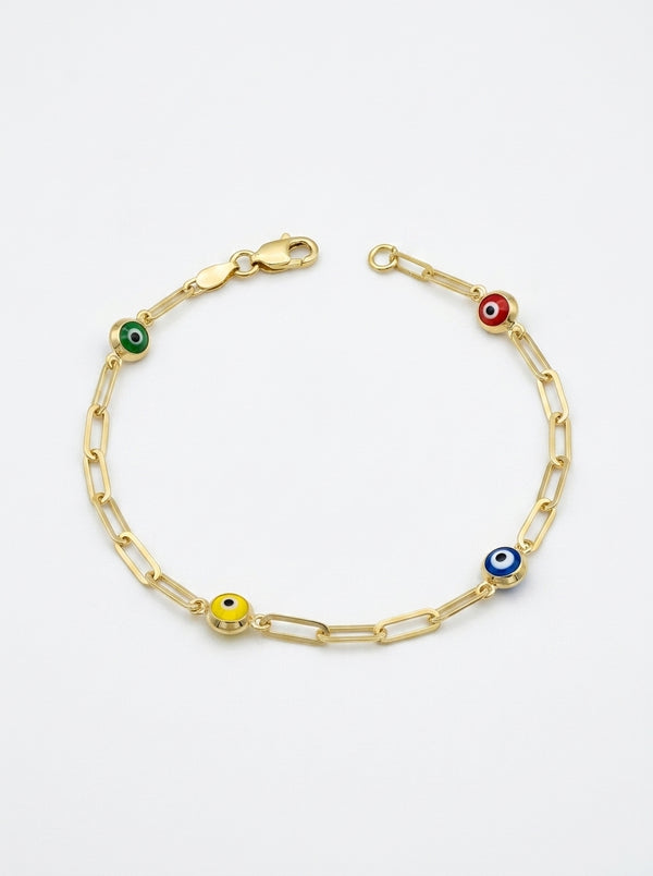 Pulsera de oro 14k diseño de clip con ojitos turcos de  colores Mod LM544 - 18 cm