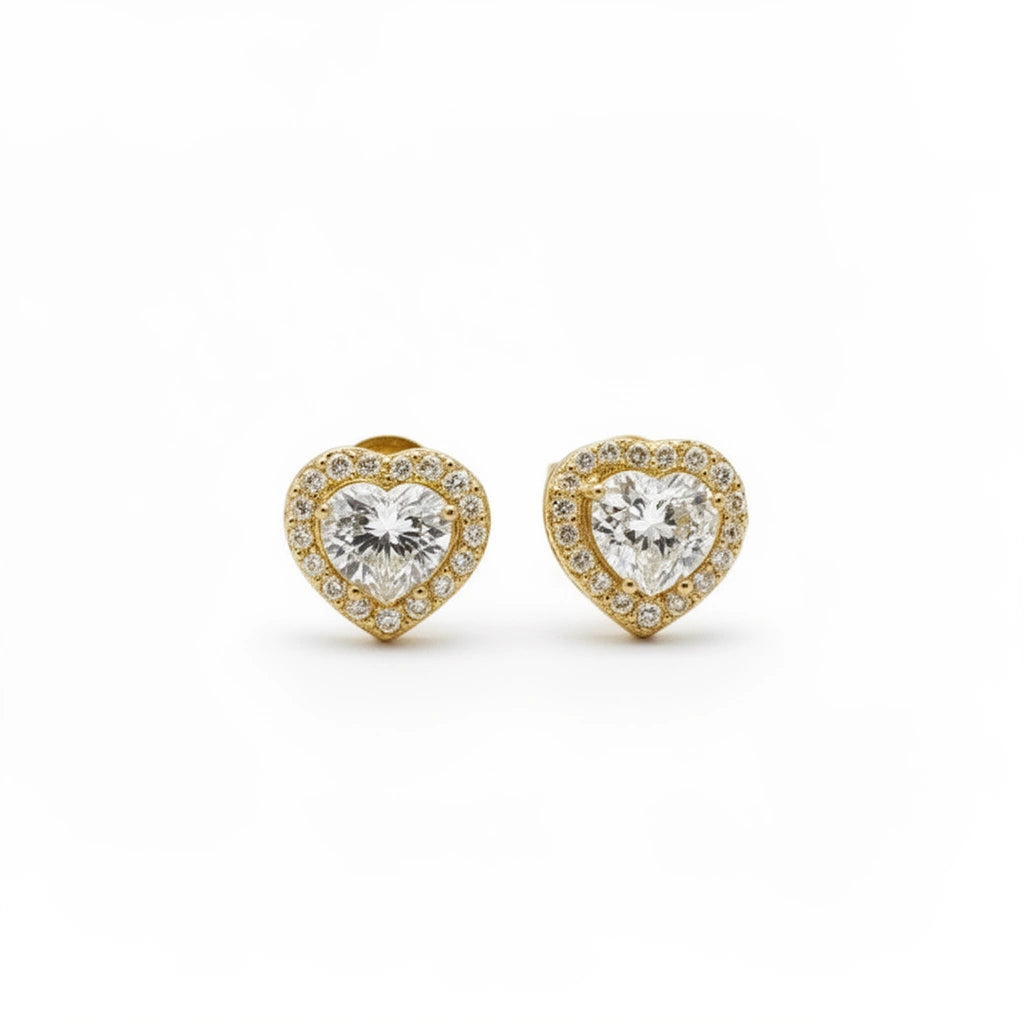 Aretes corazón de oro 14K con circonia central y halo
 Mod. 893